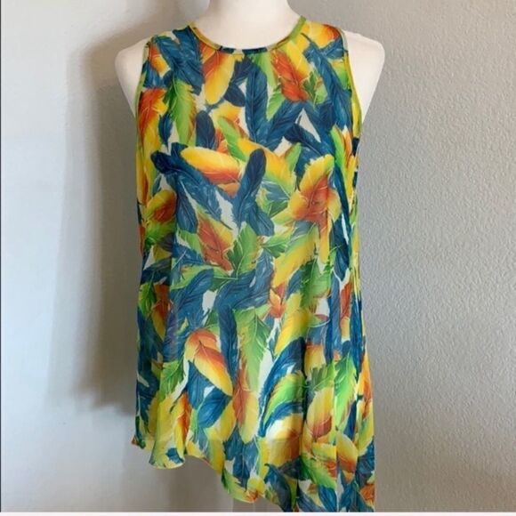 Feather Print Asymmetrical Tank Size L Green Blue Kay Celine Boho Hippie - Picture 2 of 8